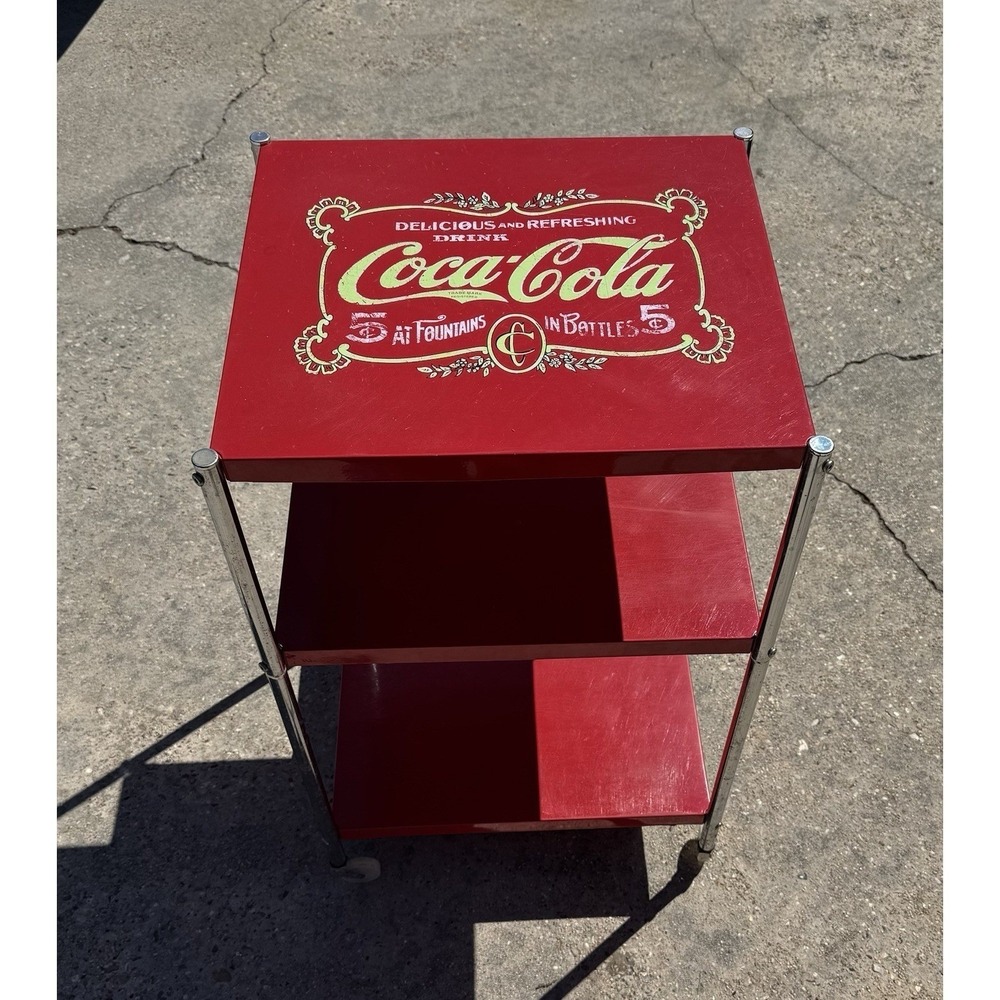 Vintage Coca-Cola 3 Tier Metal Rolling Cart Serving Stand Retro Soda Rack